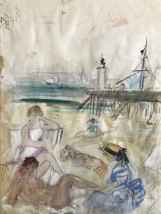Janie Michels - Original painting - Gouache -  Nude on the beach at Deauville, 1989