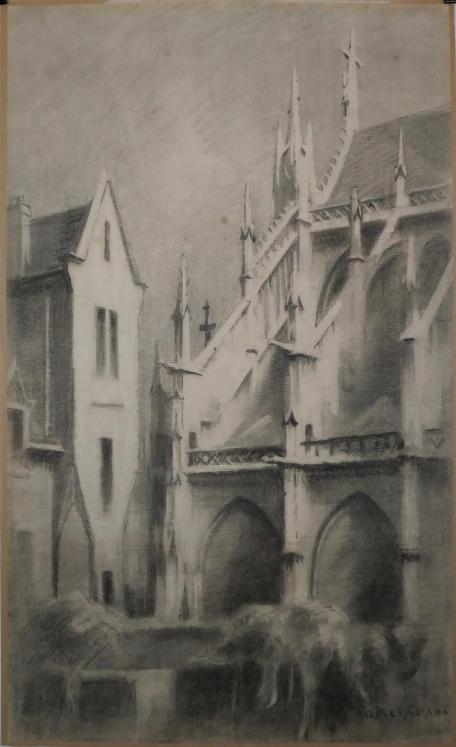 Michel FRECHON - Original drawing - Charcoal - Church of st-maclou
