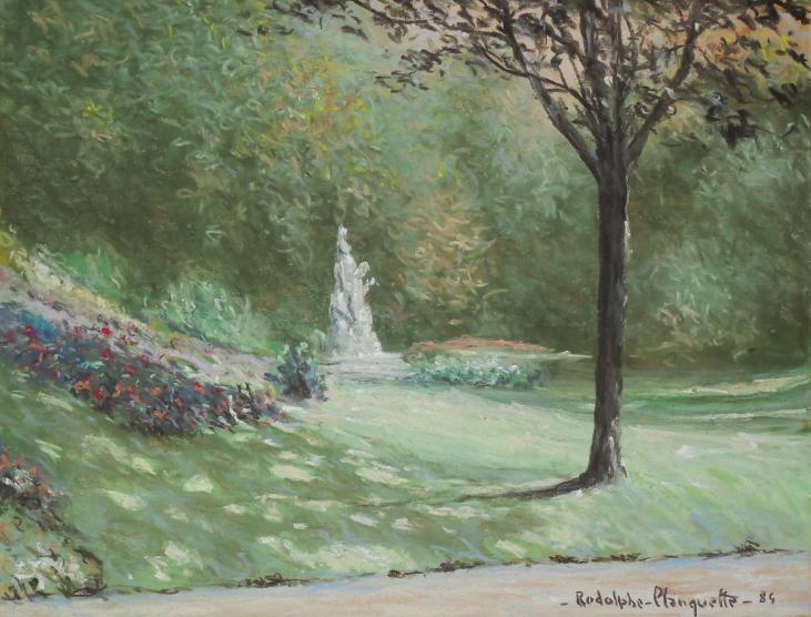 Rodolphe PLANQUETTE - Original drawing - Pastel - The tree and the statue in Parc Monceau
