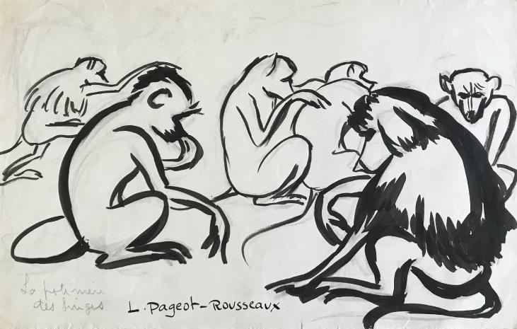 Lucienne Pageot-Rousseaux - Original drawing - Ink - Monkeys