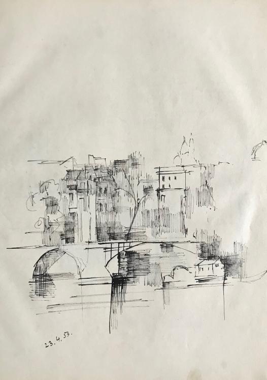 Lancelot Ney - Original drawing - Ink - Paris Saint Michel bridge 2