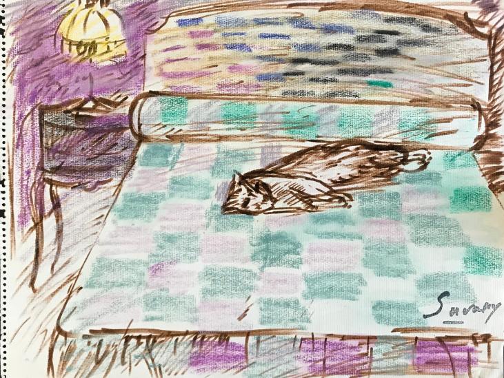 Robert SAVARY - Original drawing - Pastel - The cat on the bed