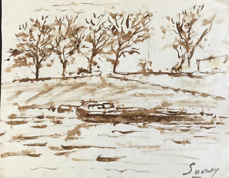 Robert SAVARY - Original painting - Ink wash - Banks of the Seine 2