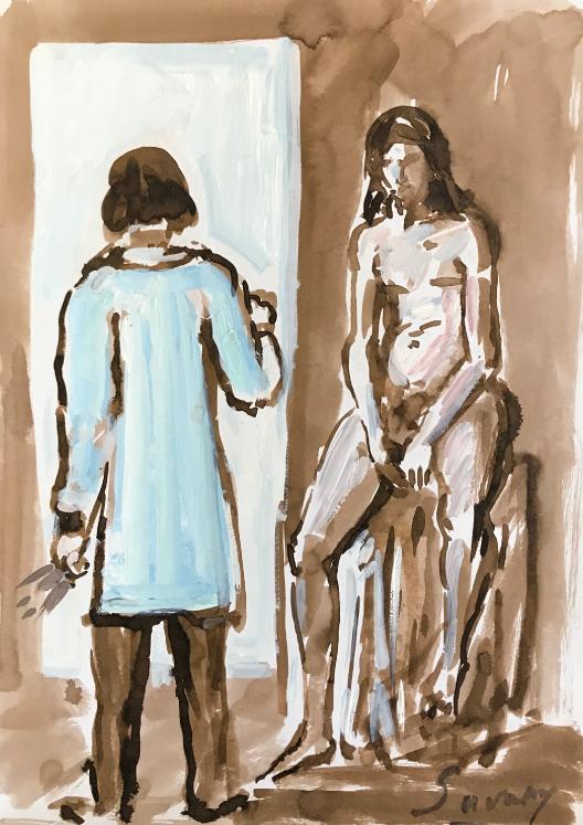 Robert SAVARY - Original painting - Ink wash - The painter and his model 22