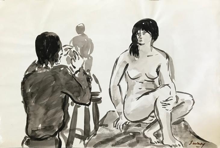 Robert SAVARY - Original painting - Ink wash - The painter and his model 25
