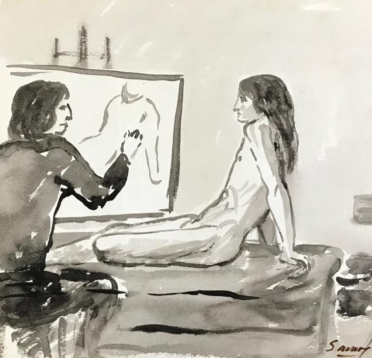 Robert SAVARY - Original painting - Ink wash - The painter and his model 29