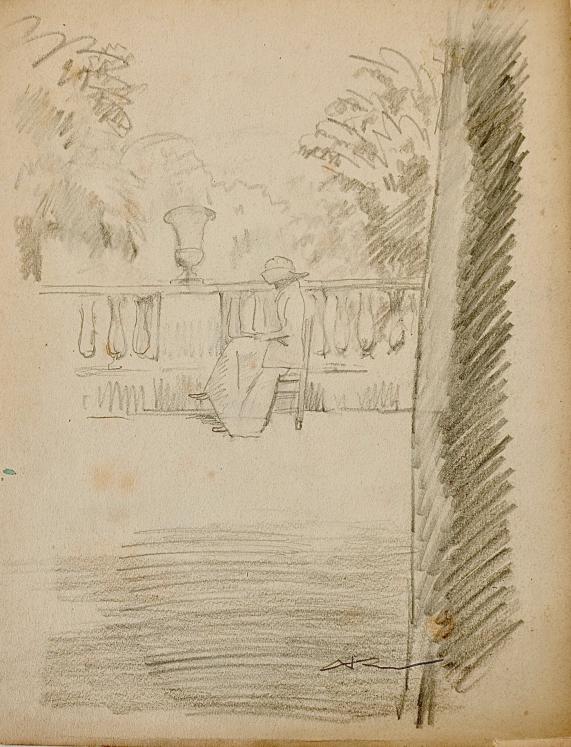 Auguste ROUBILLE - Original drawing - Pencil - Elegant on the terrace