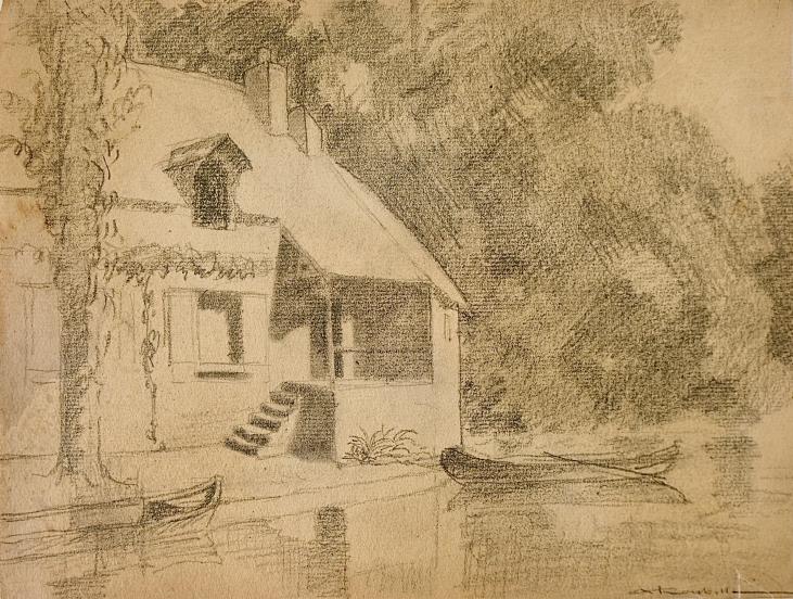 Auguste ROUBILLE - Original drawing - Charcoal - House by the lake