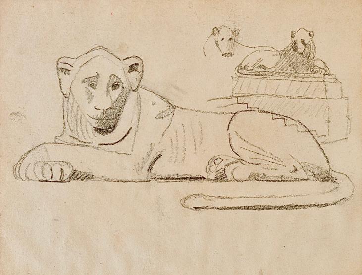 Auguste ROUBILLE - Original drawing - Pencil - Lion statues