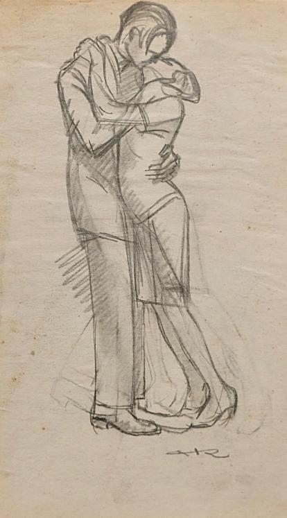 Auguste ROUBILLE - Original drawing - Pencil - The kiss 2