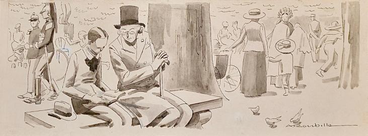 Auguste ROUBILLE - Original drawing - Ink - Reading in the park