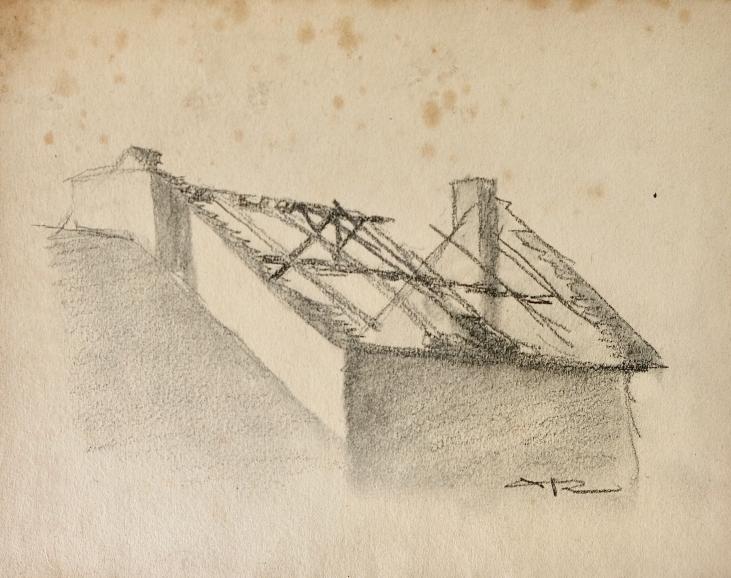 Auguste ROUBILLE - Original drawing - Pencil - Burnt roof