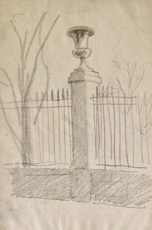 Auguste ROUBILLE - Original drawing - Pencil - Garden column