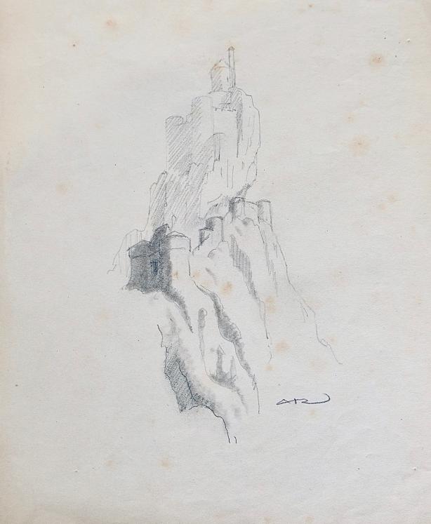 Auguste ROUBILLE - Original drawing - Pencil - Perched castle