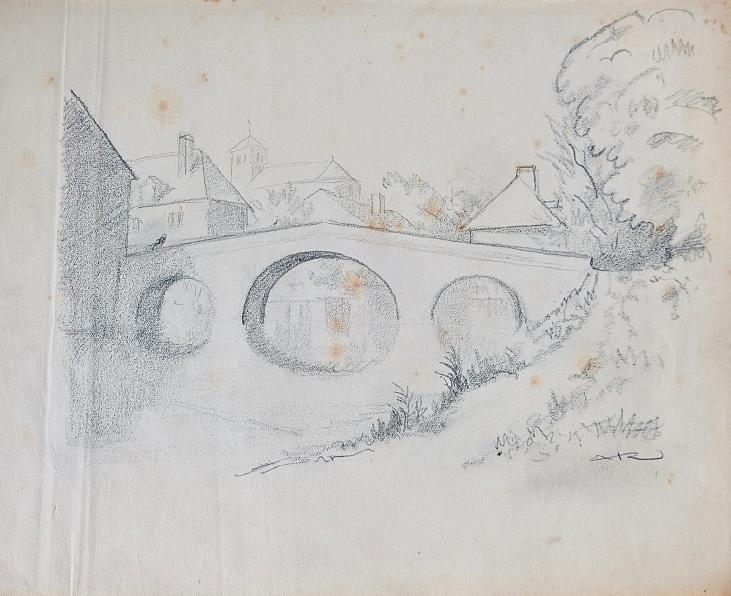 Auguste ROUBILLE - Original drawing - Pencil - Village bridge