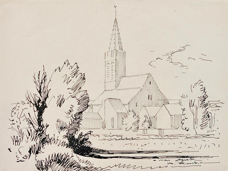 Auguste ROUBILLE - Original drawing - Ink - The village church