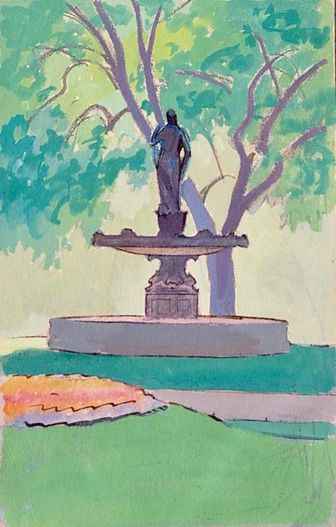 Auguste ROUBILLE - Original painting - Gouache - The fountain of the park