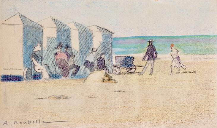 Auguste ROUBILLE - Original drawing - Pencil - Beach at Deauville