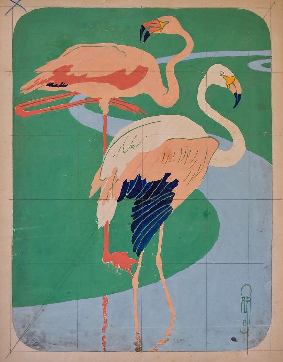 Auguste ROUBILLE - Original painting - Gouache - Flamingos