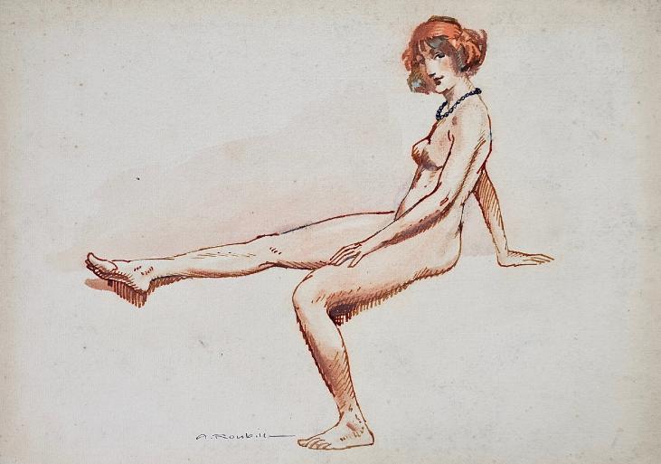 Auguste ROUBILLE - Original drawing - Brown ink - Nude