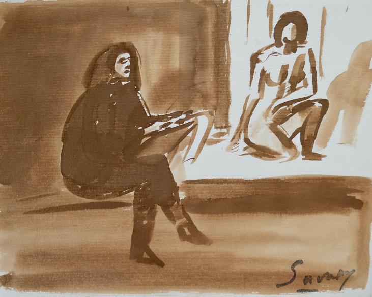 Robert SAVARY - Original painting - Ink wash - The painter and his model 20