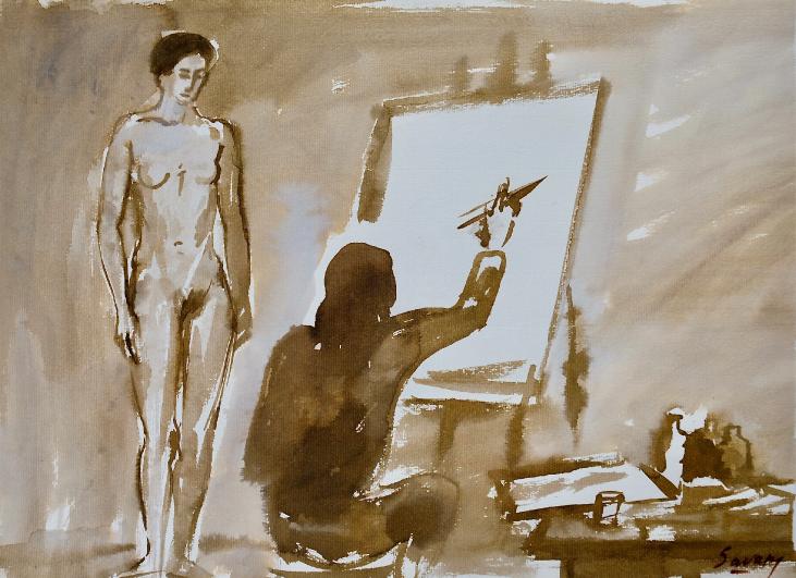 Robert SAVARY - Original painting - Ink wash - The painter and his model 23