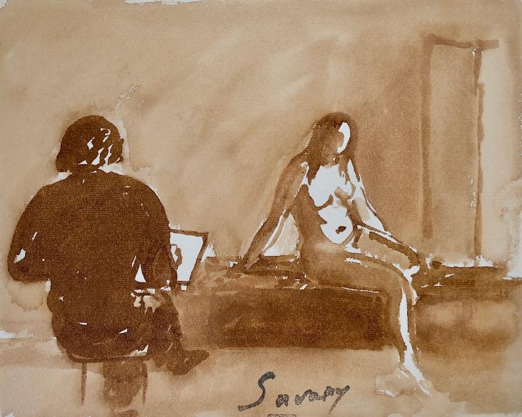 Robert SAVARY - Original painting - Ink wash - The painter and his model 24