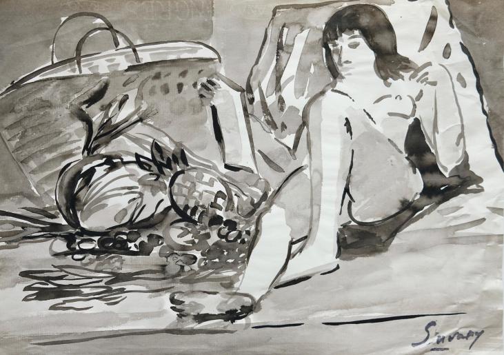 Robert SAVARY - Original painting - Ink wash - Nude With Fruit