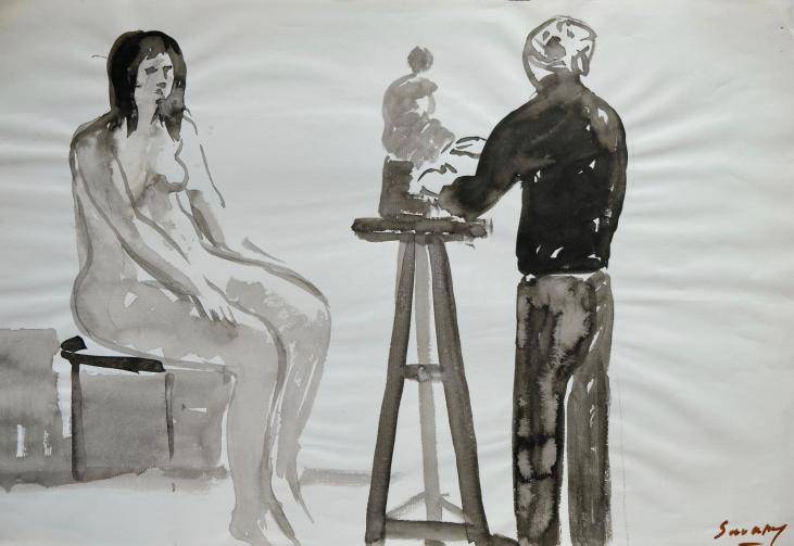 Robert SAVARY - Original painting - Ink wash - The sculptor and his model