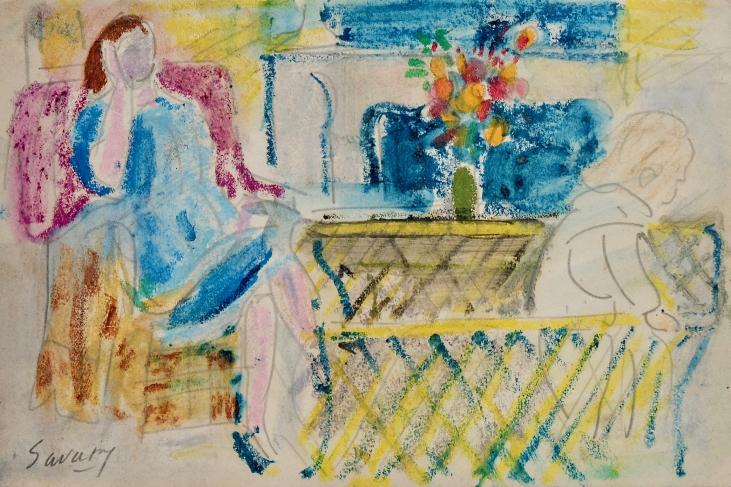 Robert SAVARY - Original drawing - Pastel - In the living room