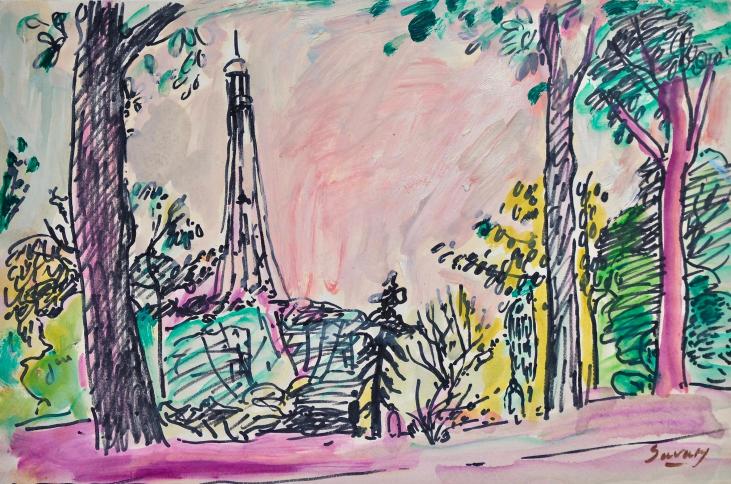 Robert SAVARY - Original painting - Watercolor and felt - The Eiffel Tower