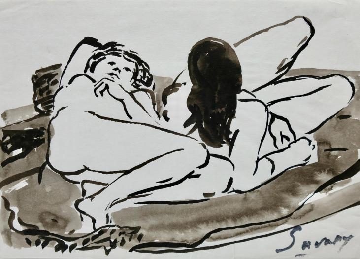 Robert SAVARY - Original painting - Black ink wash - Reclining nude