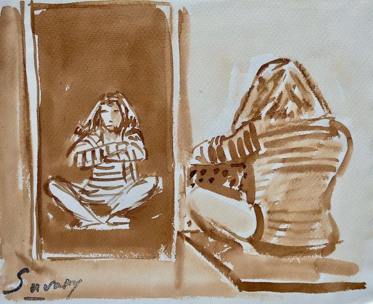 Robert SAVARY - Original painting - Brown ink wash - In Front of the Mirror