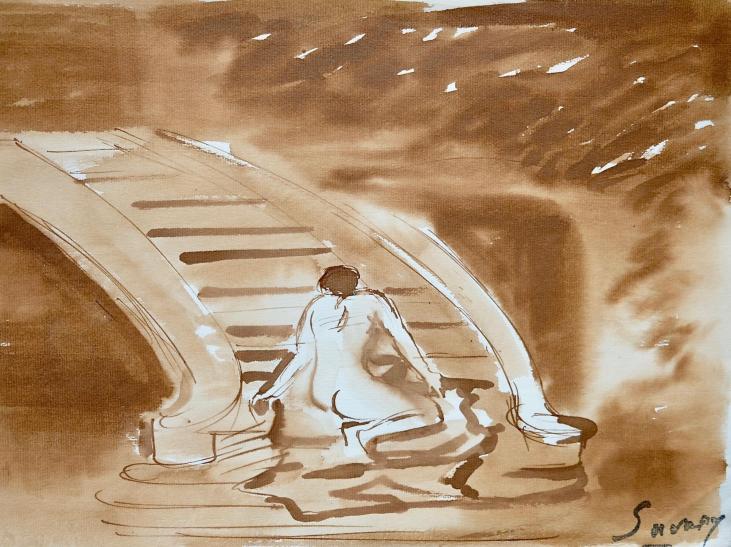 Robert SAVARY - Original painting - Brown ink wash - Nude at the Staircase