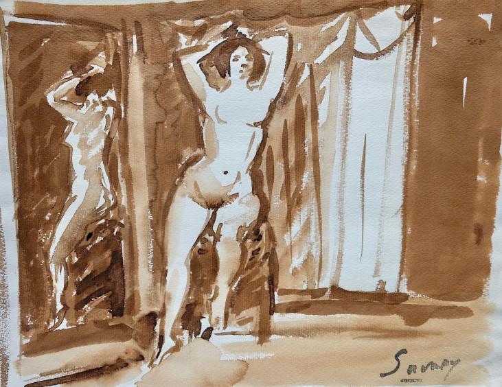 Robert SAVARY - Original painting - Brown ink wash - Nude in the Mirror