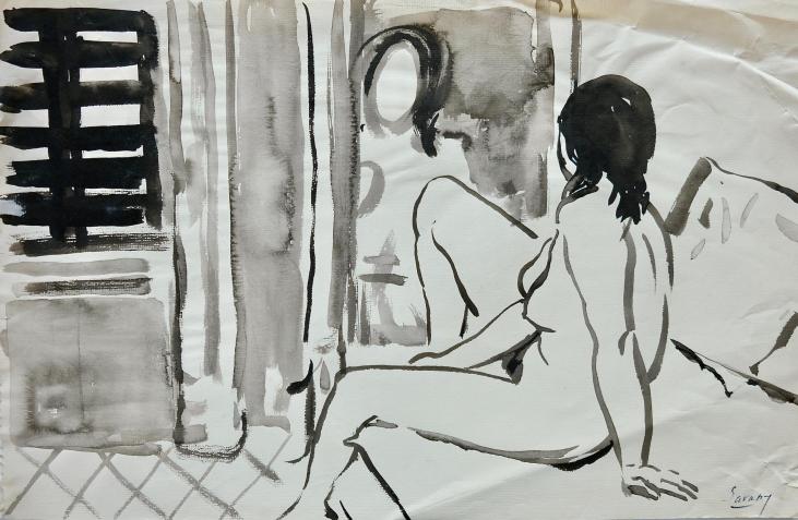 Robert SAVARY - Original painting - Black ink wash - Nude in the Mirror