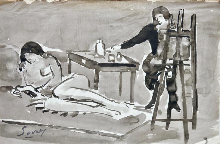 Robert SAVARY - Original painting - Black ink wash - The Painter and his Model