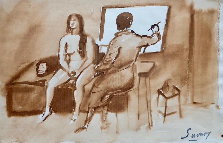 Robert SAVARY - Original painting - Brown ink wash - The Painter and his Model