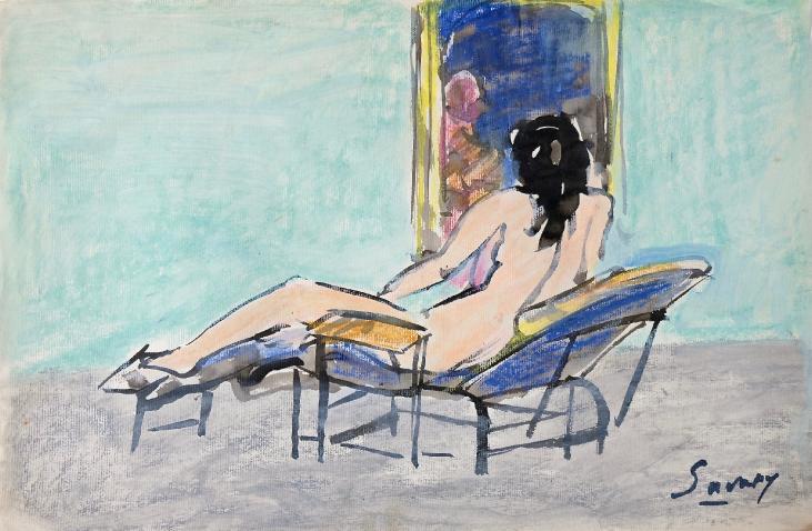 Robert SAVARY - Original painting - Gouache - Naked in the deckchair