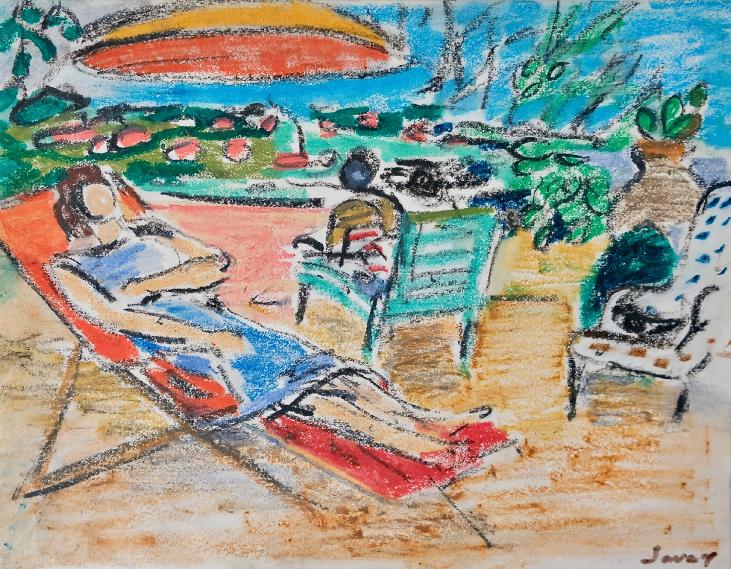 Robert SAVARY - Original drawing - Pastel - The terrace