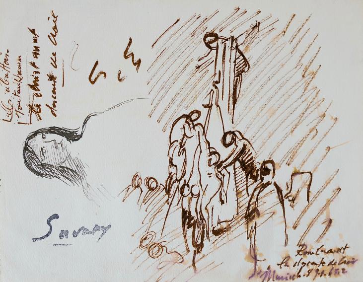 Robert SAVARY - Original drawing - Felt - According to Rembrandt, descent from the cross