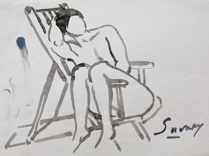 Robert SAVARY - Original painting - Ink wash - Nude in deckchair 3