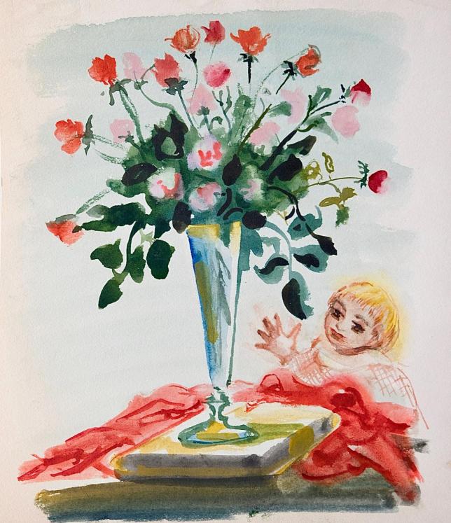 Janine JANET - Original painting - Watercolor -  The child and the bouquet of roses
