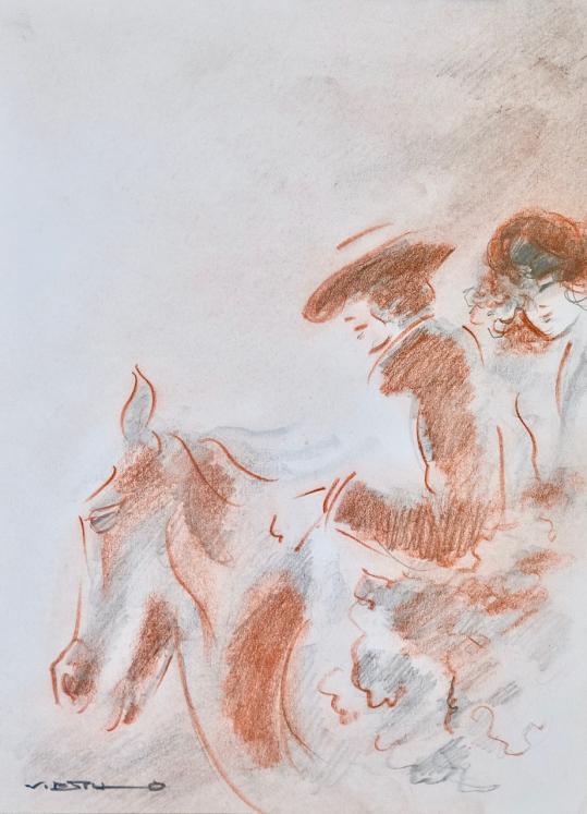 Claude VIETHO - Original drawing - Sanguine - Horse riding