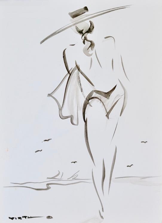 Claude VIETHO - Original painting - Watercolor - Woman at the beach