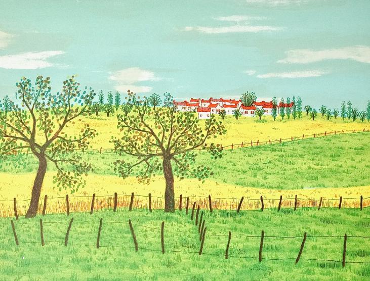 Maurice LOIRAND - Original print - Lithograph - Village in fields 2
