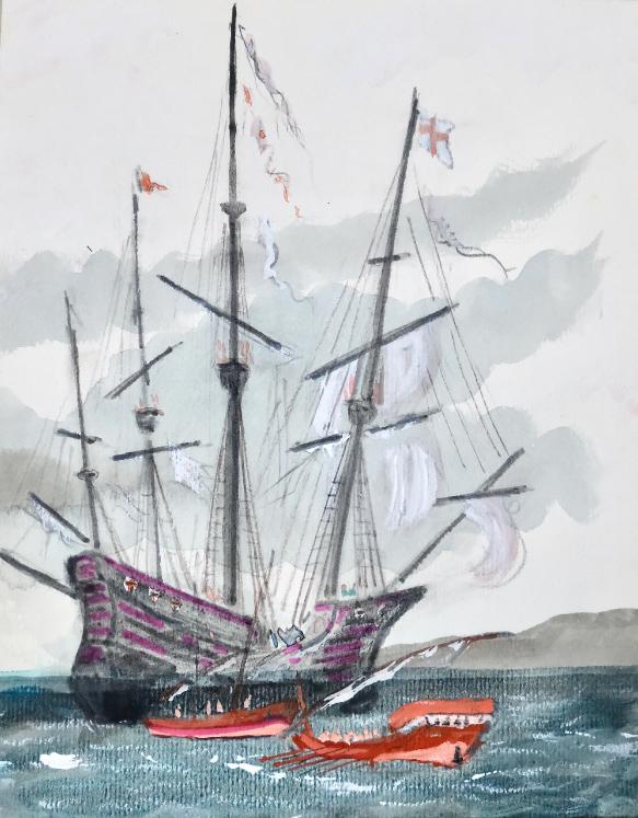 Armel DE WISMES - Original Painting - Watercolor - Landing of the galleon