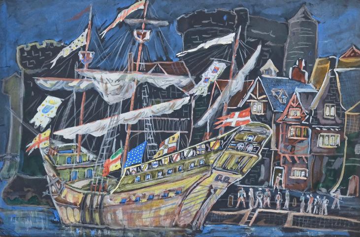 Armel DE WISMES - Original Painting - Watercolor - Galleon at quay 4