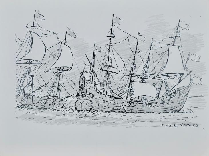 Armel DE WISMES - Original Drawing - Pencil - Galleon at sea 12