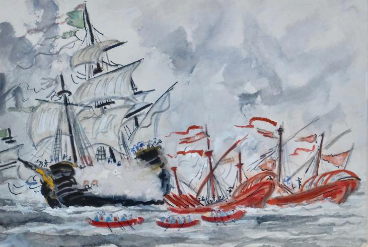 Armel DE WISMES - Original Painting - Watercolor - Naval combat